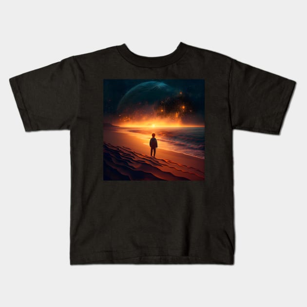 A young man standing on the beach enjoying the sunset Kids T-Shirt by MLArtifex